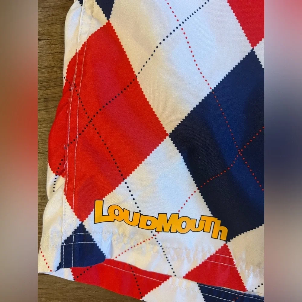 Loudmouth Golf Swim Trunks Board Shorts Blue Red White Argyle Men’s Large I12‎